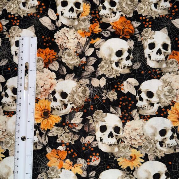 Skulls, Spider Webs & Fall Floral Cotton Fabric - 1/2 Yard - Halloween, Harvest - Picture 3 of 5